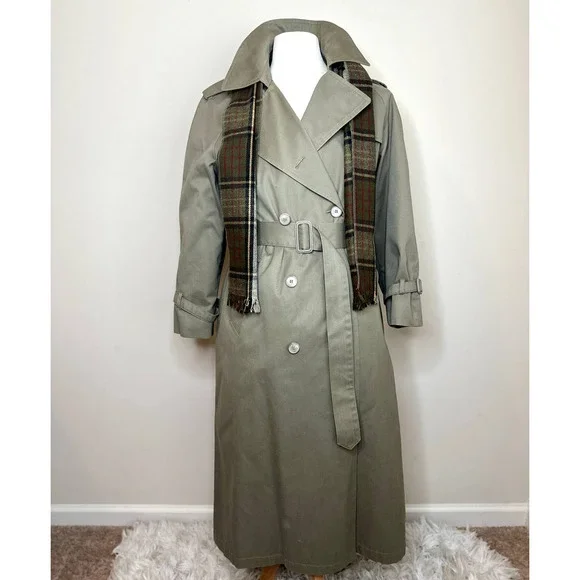 LONDON FOG DOUBLE BREASTED TRENCH COAT VINTAGE KHAKI WOMENS LONG COAT SIZE 14 - Picture 2 of 14